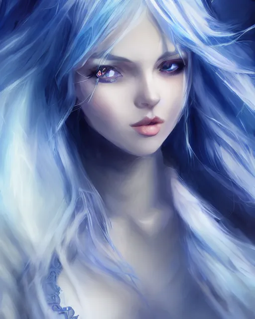 Image similar to A beautiful mysterious girl with cobalt-blue eyes and silky white hair, guitar shape build, her wardrobe is attractive, full body, fantasy art, in the style of Stanley Lau, illustration, epic art, fantasy, intricate, elgant, amazing detail, digital painting, artstation, concept art, smooth, sharp focus