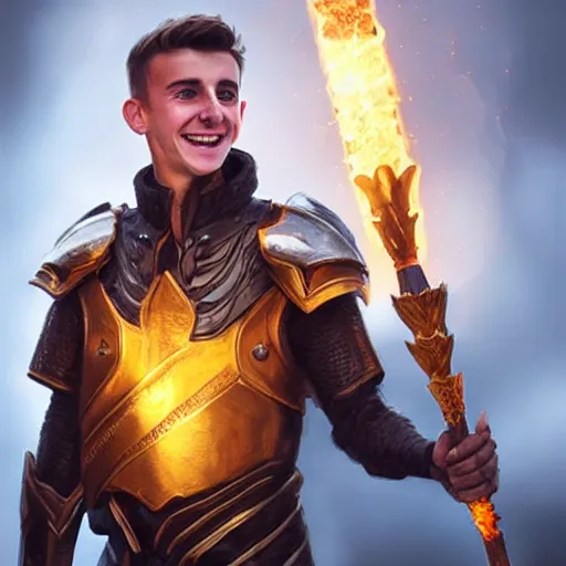 Prompt: Smiling Mason Mount wearing metal armour holding a glowing fire magical staff. Trending on Artstation octane render ultra detailed art by Ross tran