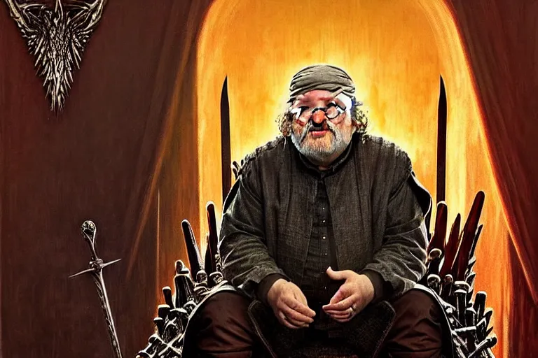 Prompt: poster portrait of george r r martin in “ game of thrones ” ( 1 9 8 4 ). background is the iron throne. artwork, 4 k digital art, neon, 8 0's style tomasz alen kopera, peter mohrbacher, donato giancola, ilya repin, drew struzan hyperrealistic oil painting, gothic horror, frank frazetta