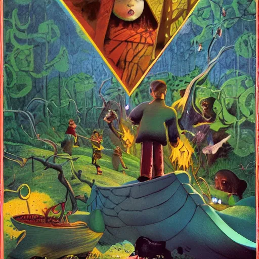 Image similar to have had dark evenings in which children intensely imaginative storybook illustration, by François de Nomé and Martin Johnson, tarot card, voxel abandonable sharp lake pan blood, by Joe Jusko and Mark