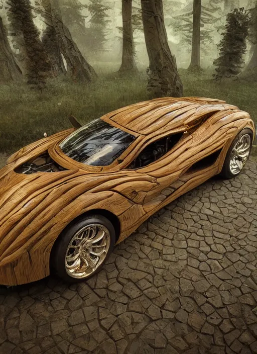 Image similar to a fancy car made out of carved woods on a forest, art style by klimt and nixeu and ian sprigger and wlop and krenz cushart, au naturel, hyper detailed, digital art, trending in artstation, cinematic lighting, studio quality, smooth render, unreal engine 5 rendered, octane rendered