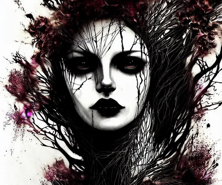 Image similar to stunning otherworldly gothic goddess of freewill, dark and mysterious, atmospheric, ominous, eerie, cinematic, epic, 8 k, ultra detail, ultra realistic | nights falling wind is blowwing snow is pilling concept art in style of carne griffiths artwork by xsullo. | backround of beautiful floweres floatingby elson, peter kemp, peter