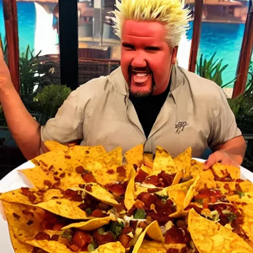 Prompt: guy fieri sitting on a plate of large nachos doing yoga