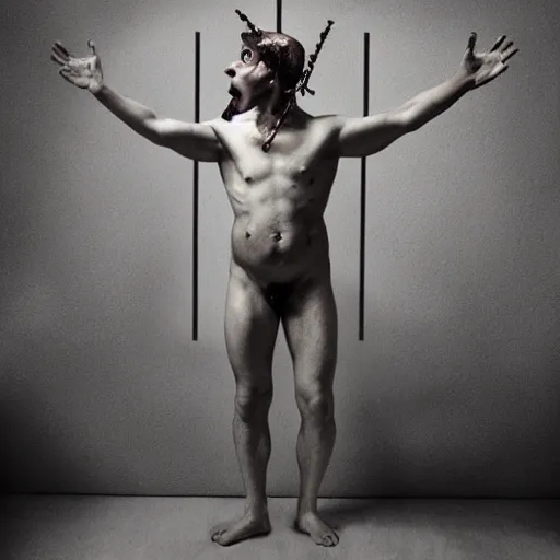 Image similar to the blasphemous caricature of the male body, hyperealistic detailed photography, divinity, awful, religious art
