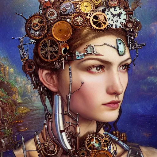 Prompt: A head and shoulders masterpiece portrait of a steampunk beautiful goddess, she half human and half robot, she is embellished with few gears wheels and gemstones, by William Holman Hunt, Greg Rutkowski, Stanely Artgerm, Tooth Wu, Peter Gric, Aaron Horkey, trending on Artstation, digital art, mythological, symmetrical artwork, cinematic lighting, hyper realism, high detail, octane render, ultra realistic, golden ratio, 4k, 8k