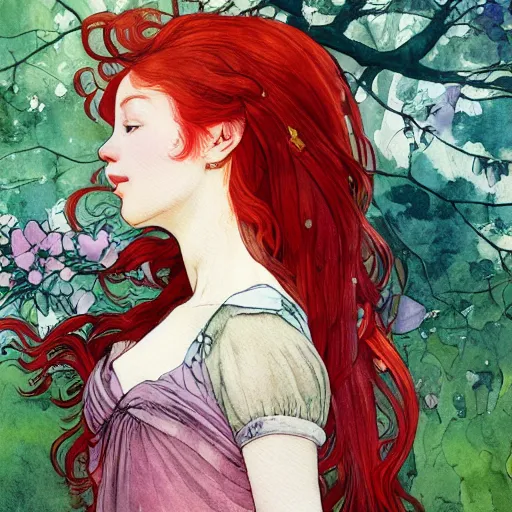 Image similar to side view a beautiful and inspiring intricate watercolor illustration artwork red hair girl in the forest, feeling the nature, eyes closed, 4 k, ultra - wide angle, by william turner, by victo ngai, by alphonse mucha, by miho hirano, hd, trending on artstation, hyper detailed, muted colors, inspiring, beautiful, energetic