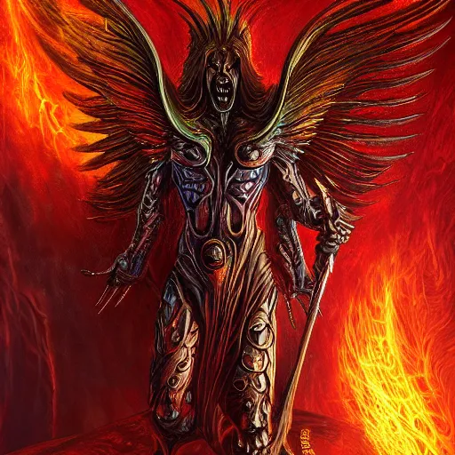 Image similar to photorealistic biblically accurate demonic alien archangel the style of michael whelan and gustave dore. hyperdetailed photorealism, 1 0 8 megapixels, amazing depth, glowing rich colors, powerful imagery, psychedelic overtones, 3 d finalrender, 3 d shading, cinematic lighting, artstation concept art