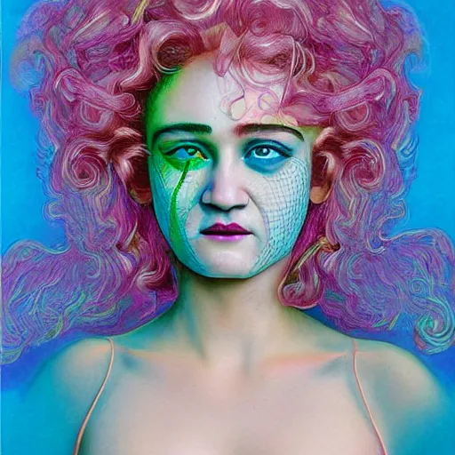 Image similar to surrealism psychedelic portrait sketch of julia garner as delirium of the endless in fishnet top and rainbow tutu skirt from the sandman, floating goldfish, green and blue eye heterochromia by alex ross, josh kirby, detailed, elegant, intricate