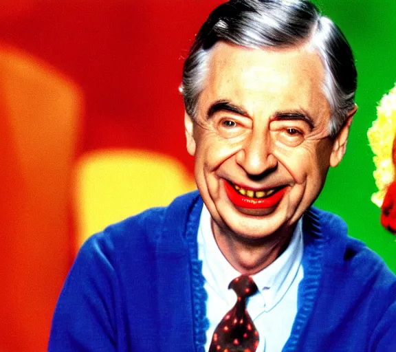 Prompt: color still shot of mister fred rogers lead singer performing in music group insane clown posse, face closeup