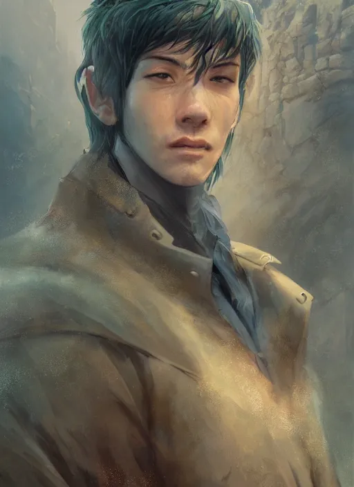 Prompt: a portrait of a male character, invisible nose, in a scenic environment by Ross Tran and by Jesper Ejsing and by Mikalojus Konstantinas Ciurlionis