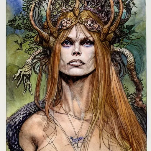 Image similar to a realistic and atmospheric watercolour fantasy character concept art portrait of brigitte bardot as a druidic warrior wizard looking at the camera with an intelligent gaze by rebecca guay, michael kaluta, charles vess and jean moebius giraud