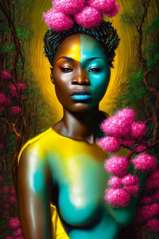 Prompt: high quality photo neo - rococo cinematic super expressive! yoruba goddess with exoskeleton armor, merging with tree in a forest, pink yellow flowers, highly detailed digital art masterpiece, smooth etienne sandorfi eric zener dramatic pearlescent soft teal light, ground angle hd 8 k, sharp focus