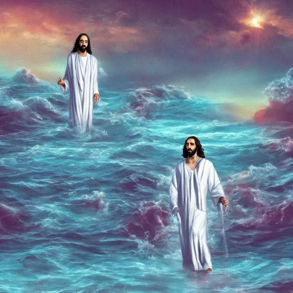 Prompt: Jesus walking on water, vaporwave style