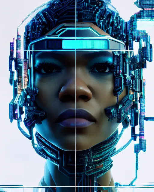 Image similar to portrait of Zendaya as a cyberpunk cyborg. intricate abstract. intricate artwork. by Tooth Wu, wlop, beeple, dan mumford. octane render, trending on artstation, greg rutkowski very coherent symmetrical artwork. cinematic, hyper realism, high detail, octane render, 8k, iridescent accents