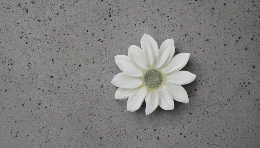 Prompt: a flower made of milk on a white ceramic floor