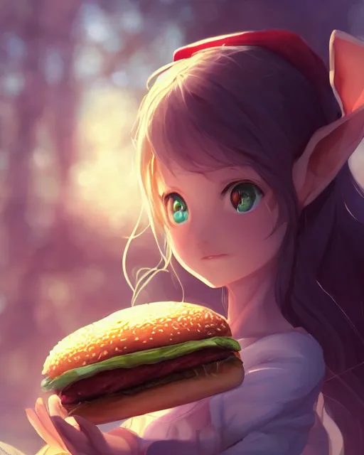 Prompt: adorable elf girl holding a burger, lord of the rings aesthetic, single subject, close centered shot of burger, ambient lighting, white hair, detailed face, by makoto shinkai, stanley artgerm lau, wlop, rossdraws