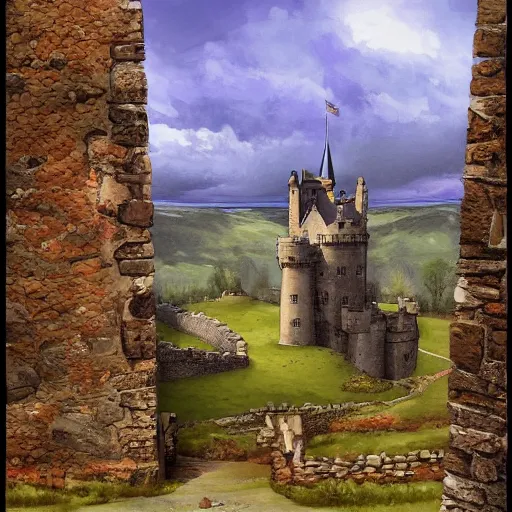 Image similar to an awesome scotish castle painting by peter klasen, moebius, artstation