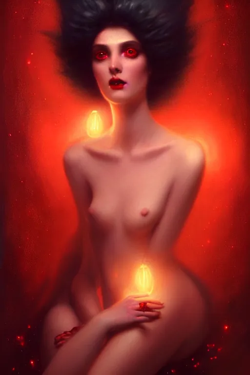 Image similar to Nocturne, glowing, stars, a portrait of a beautiful female shadow djinn creature with long fur collar, highly detailed, mysterious, ethereal, dressed in red velvet, haute couture, illustration, dramatic lighting, soft details, painting, by Edmund Blair Leighton, Brom, Charlie Bowater, trending on artstation, faces by Tom Bagshaw, otto schmidt