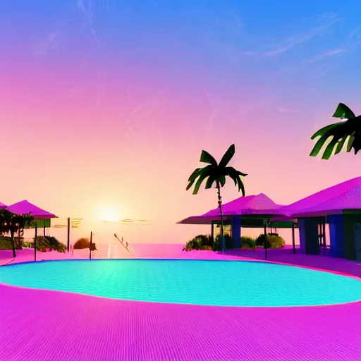 Image similar to motel, swimmingpool, sunset, palms, beach, sunset, vaporwave, pink, blue, green, purple, bryce 3 d style.