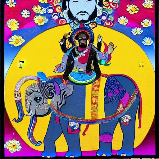 Prompt: martin luther king and jesus riding an elephant threw india surrounded by flowers and explosions of colors tibetan gods look down from the sky