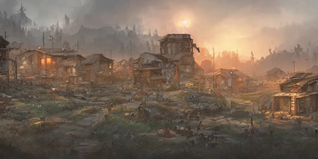 Prompt: a busy and thriving settlement that has been built by survivors in a post apocalyptic world in the style of Sylvain Sarrailh, beautiful digital art, cinematic composition, detailed, concept art, Matt painting, oil painting, high res