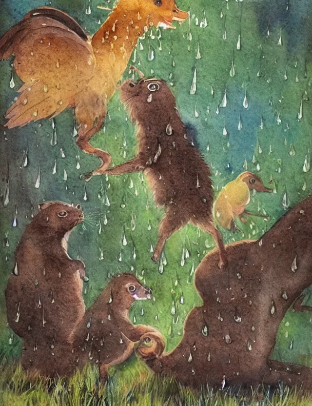 Prompt: deityof spring rain, in animal form. this watercolor and goldleaf work by the beloved children's book illustrator has interesting color contrasts, plenty of details and impeccable lighting.