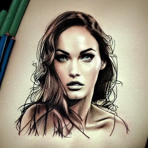 Image similar to realism tattoo sketch of double exposure megan fox with beautiful mountain scenery, in the style of andrey lukovnikov