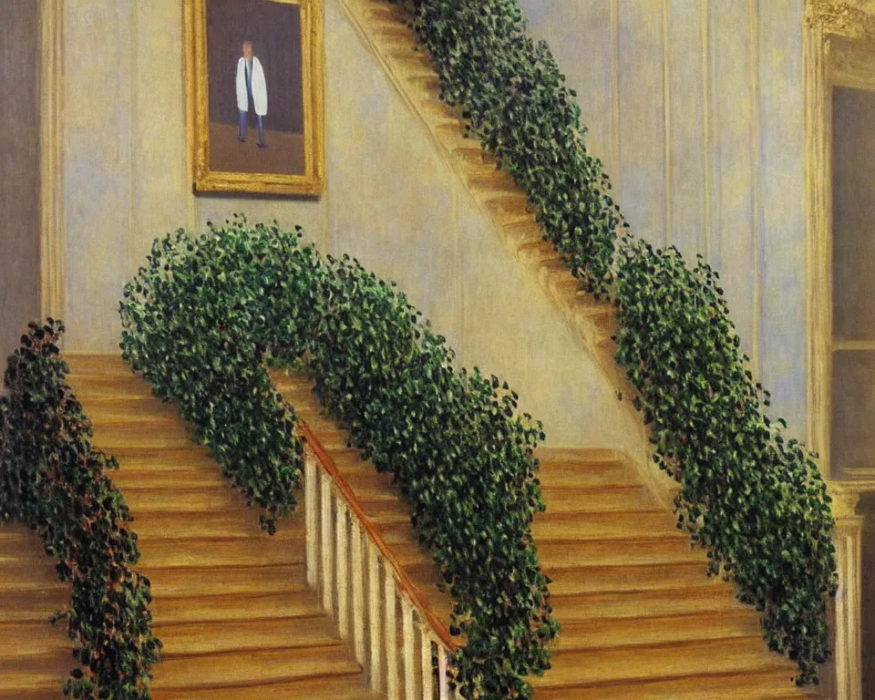 Image similar to achingly beautiful painting of a sophisticated, well - decorated, modern staircase by rene magritte, monet, and turner.