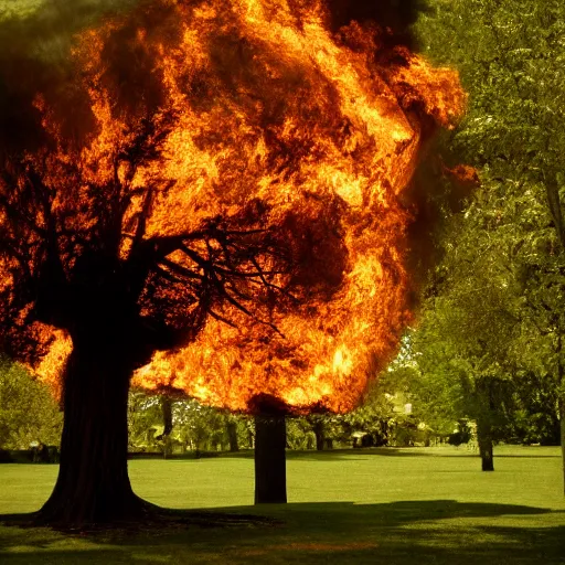 Image similar to tree engulfed in flames by Diane Arbus and Louis Daguerre. highly detailed. 85mm, Bokeh