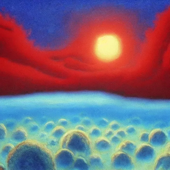 Prompt: a alien planet with a red ocean and blue sand and rocks at sunrise, bob ross painting, high coherence, highly detailed, high quality, masterpiece, award - winner, hyperrealistic