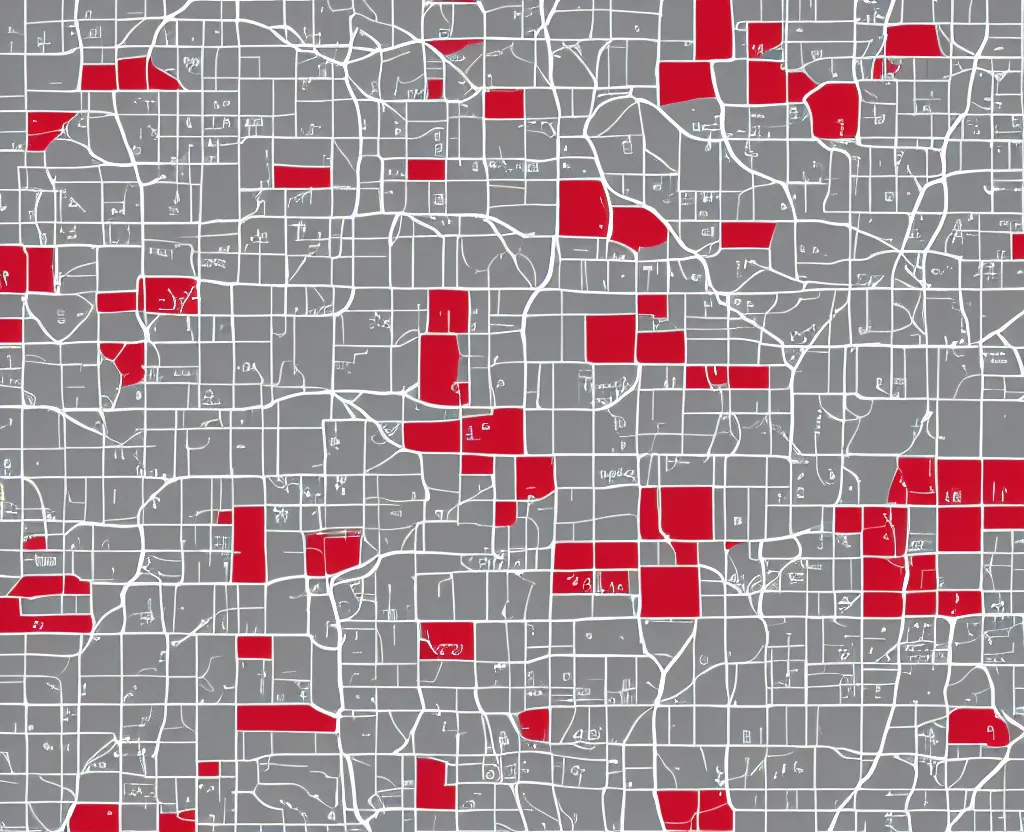 Prompt: tiny red rectangular icons almost completely cover a Muted White on Grey Vector map of a little town, highly detailed