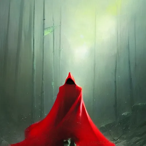 Image similar to ''cinematic shot'' red hooded wizard with bells ringing simetrical 8 k atmosferic realistic, wearing a green cape, holding a bell, made by ivan aivazovsky, peter mohrbacher, greg rutkowski volumetric light effect broad light oil painting painting fantasy art style sci - fi art style realism premium prints available artwork unreal engine