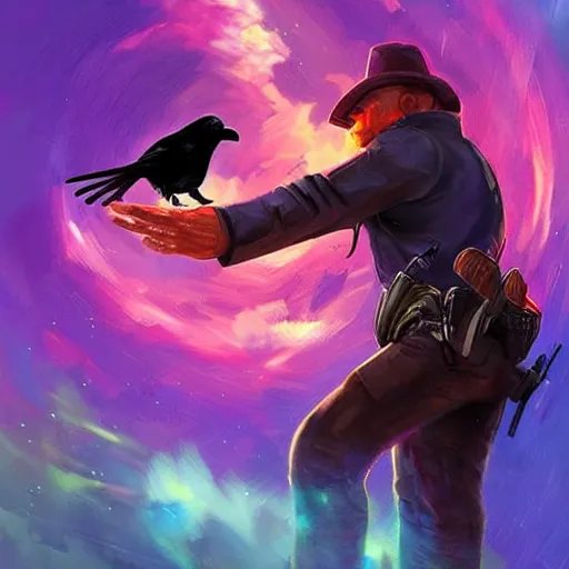 Image similar to a man shooting a pistol, but instead of a bullet the gun shoots a raven. colorful, bright, fantasy, artgerm, dnd, fantasy, rpg