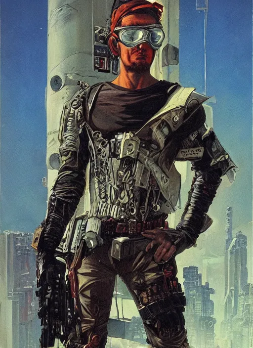 Prompt: cyberpunk mercenary. portrait by anton otto fischer and john philip falter and will eisner and gil elvgren