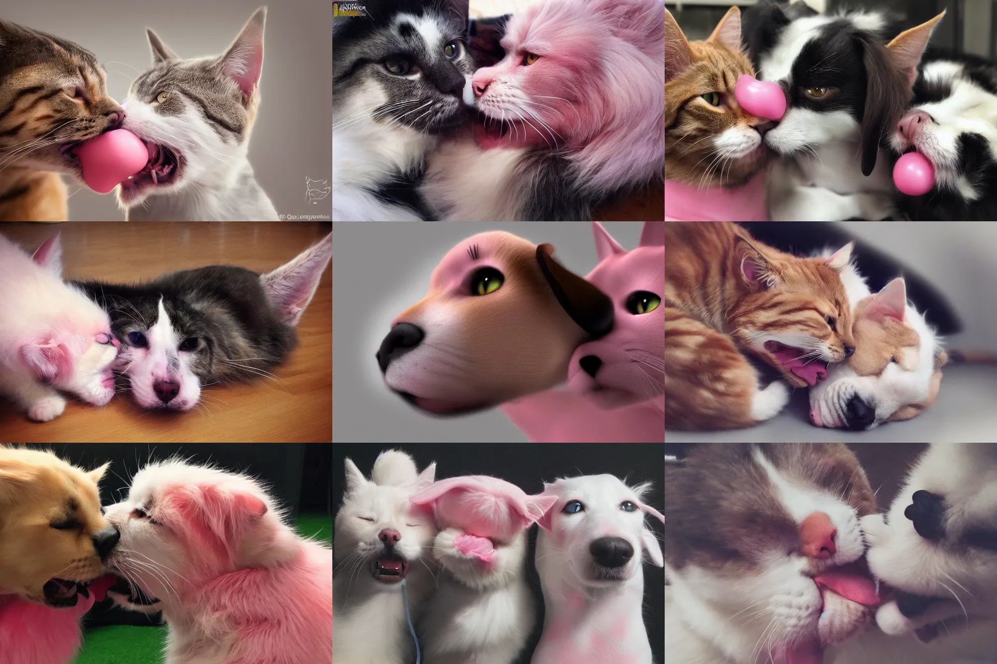 Prompt: cat and dog licking each other, cute, trending on Artstation, long tongue, (pink colors), trending on Twitter, trending on Instagram, very beautiful fur, perfect animal, photorealistic, close-up, 35mm