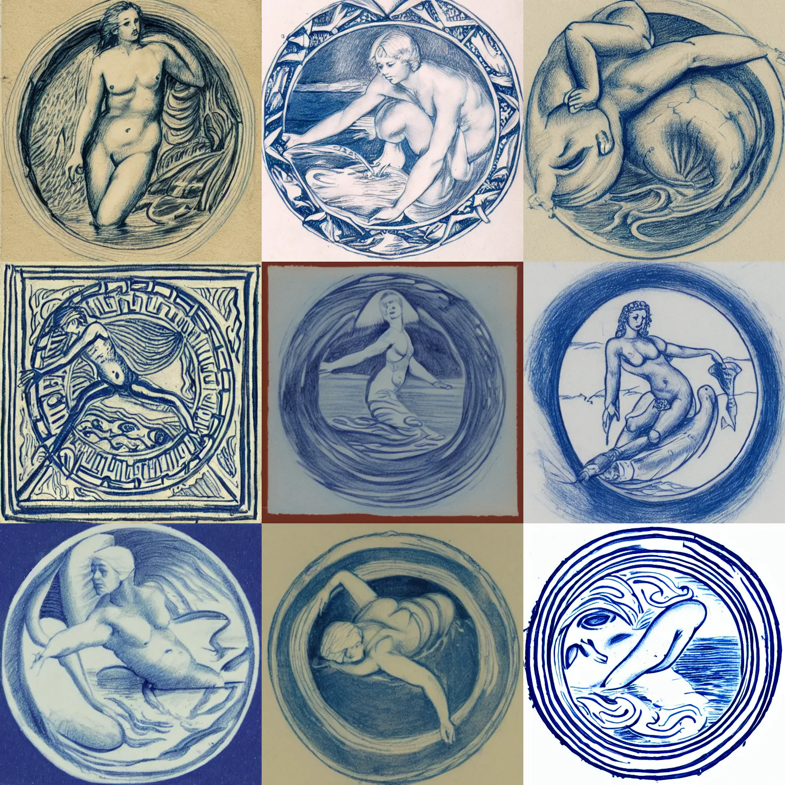 Prompt: blue - and - white drawing of the seal of the water naiad