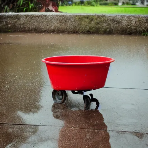 Image similar to so much depends upon a red wheel barrow glazed with rain water beside the white chickens