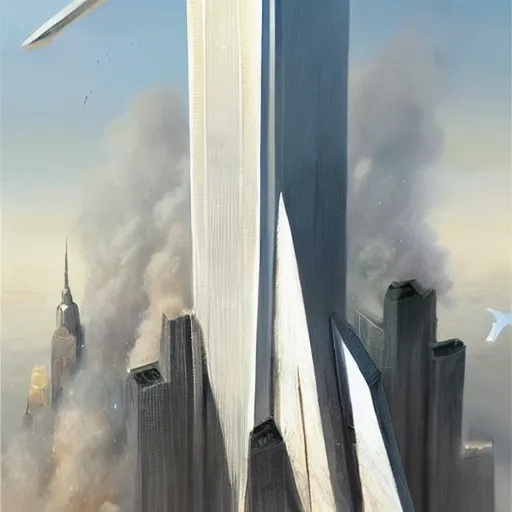 Prompt: paper airplane striking the twin towers on 9 / 1 1, highly detailed, headshot, digital painting, trending on artstation, concept art, sharp focus, illustration, art by artgerm and greg rutkowski and magali villeneuve