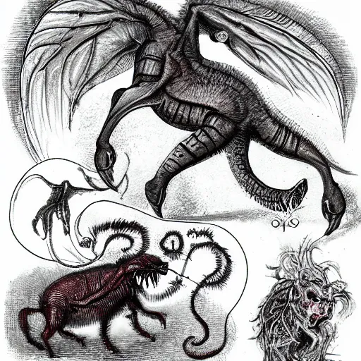 Image similar to bestiary of creatures from the depths of the unconscious psyche