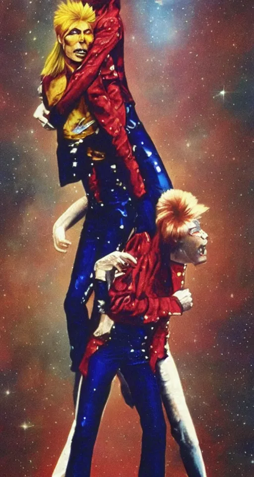 Prompt: david bowie giving a piggy back ride to ziggy stardust. glam rock. cosmic. peter elson.