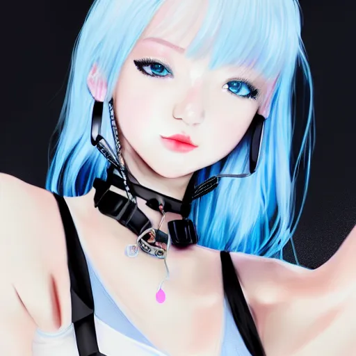 Image similar to realistic teasing detailed semirealism beautiful gorgeous cute Blackpink Lalisa Manoban white hair white cat ears blue eyes, wearing black camisole outfit, headphones, black leather choker full HD 4K high resolution quality WLOP, Aztodio, Taejune Kim, Guweiz, Pixiv, Instagram, Artstation