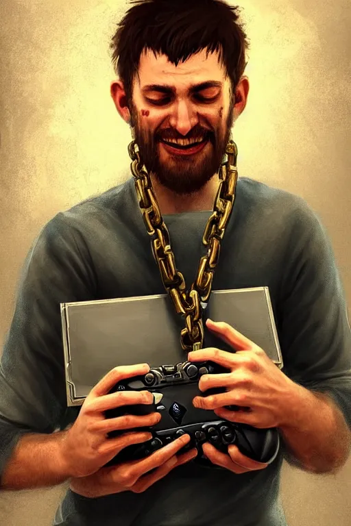 Prompt: very happy tired man holding gaming console in hands. he is chained to the console, intricate, elegant, highly detailed, digital painting, artstation, concept art, addiction, chains, smooth, sharp focus, illustration, art by ilja repin