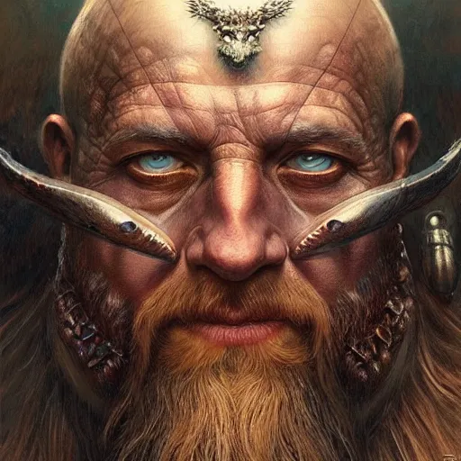 Prompt: a hyperrealistic acrylic portrait painting of a viking king by artgerm, beksinski and thomas kinkade. intricate details. believable eyes. front on, symmetrical. epic fantasy art.