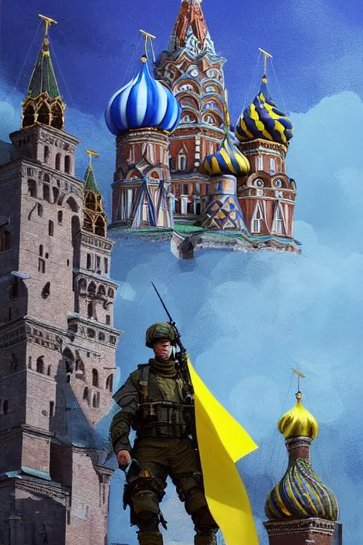 Image similar to special forces soldier raising ukrainian blue and yellow flag, kremlin st. basil cathedral in the background, masculine figure, d & d, fantasy, bright atmosphere, volumetric lights, intricate, elegant, extremely detailed, digital painting, artstation, concept art, matte, smooth, sharp focus, hyper realistic, illustration, art by artgerm and greg rutkowski and alphonse mucha