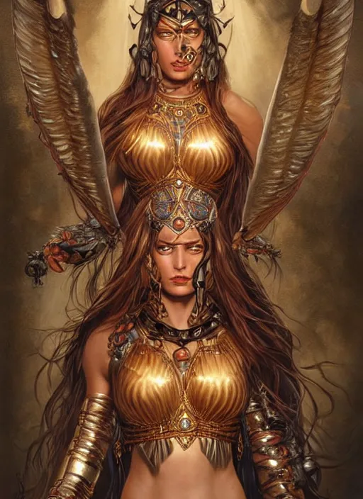 Prompt: a highly detailed symmetrical painting of a female amazon warrior with piercing beautiful eyes, dark tomb setting, dynamic lighting, ambient lighting, deviantart, art by artgerm and karol bak and mark brooks