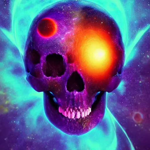 Image similar to planet shaped like a skull, colorful, glow, energy, galaxy, ethereal, cinematic, epic, 8k, ultra detailed, Artstation, Trending on Artstation, Artstation HQ, Artstation HD, deviant art, Pinterest, digital art,