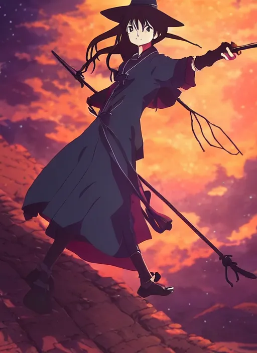 Image similar to key anime visual portrait of an adult witch defending a camp, dynamic pose, cinematic, film grain, designed by yoh yoshinari, detailed, intricate, at night