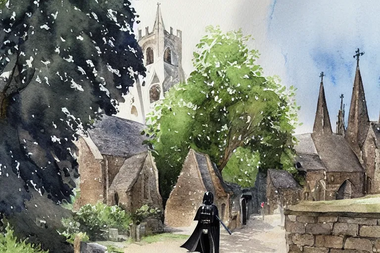 Prompt: a detailed watercolor painting of darth vader leaving a medieval church in a quaint english village, churchyard, trees