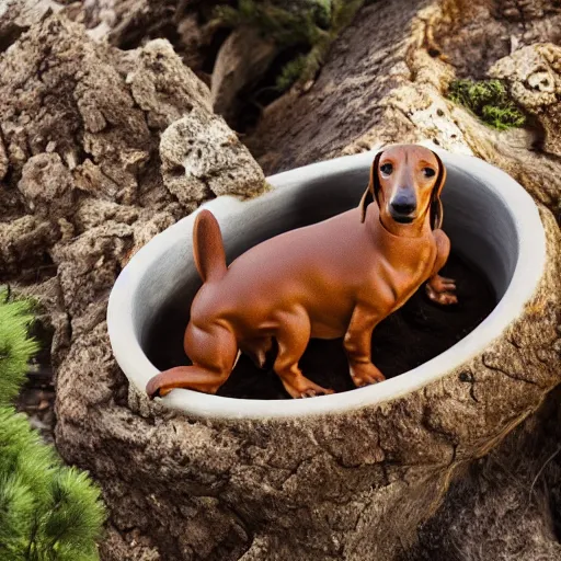Image similar to Professional photograph of a deformed dachshund growing in a bonsai pot