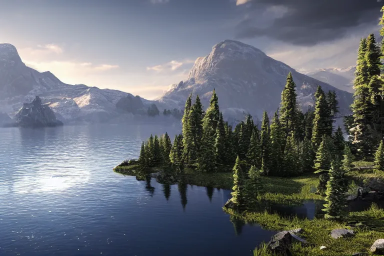 Prompt: a epic view of a mountainous lake, concept art, trending on, very detailed, unreal engine, 4 k, photoreal, volumetric lighting, light rays, epic composition